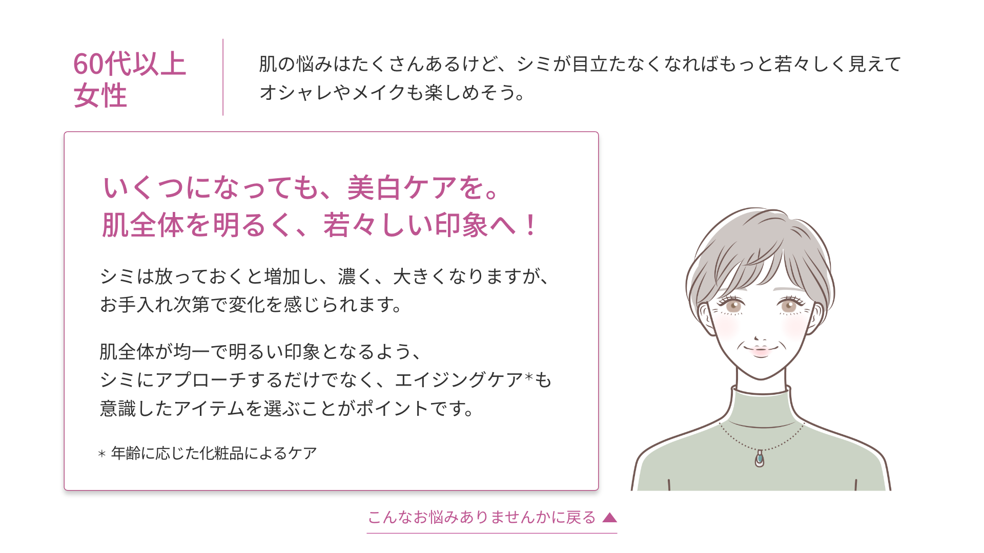 60代女性：いくつになっても、美白ケアを。肌全体を明るく、若々しい印象へ！